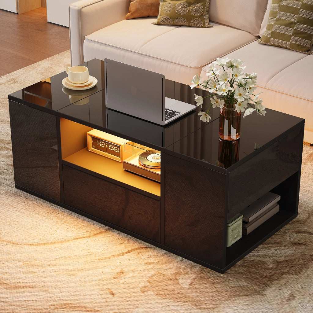 Tavolino basso con 1 cassetto, 2 vani chiusi, vano centrale aperto e LED, per soggiorno, 100 × 50 × 40 cm, nero