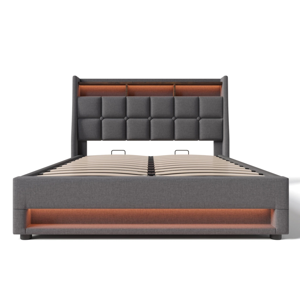 Letto imbottito 160x200 cm con LED, USB e contenitore, grigio