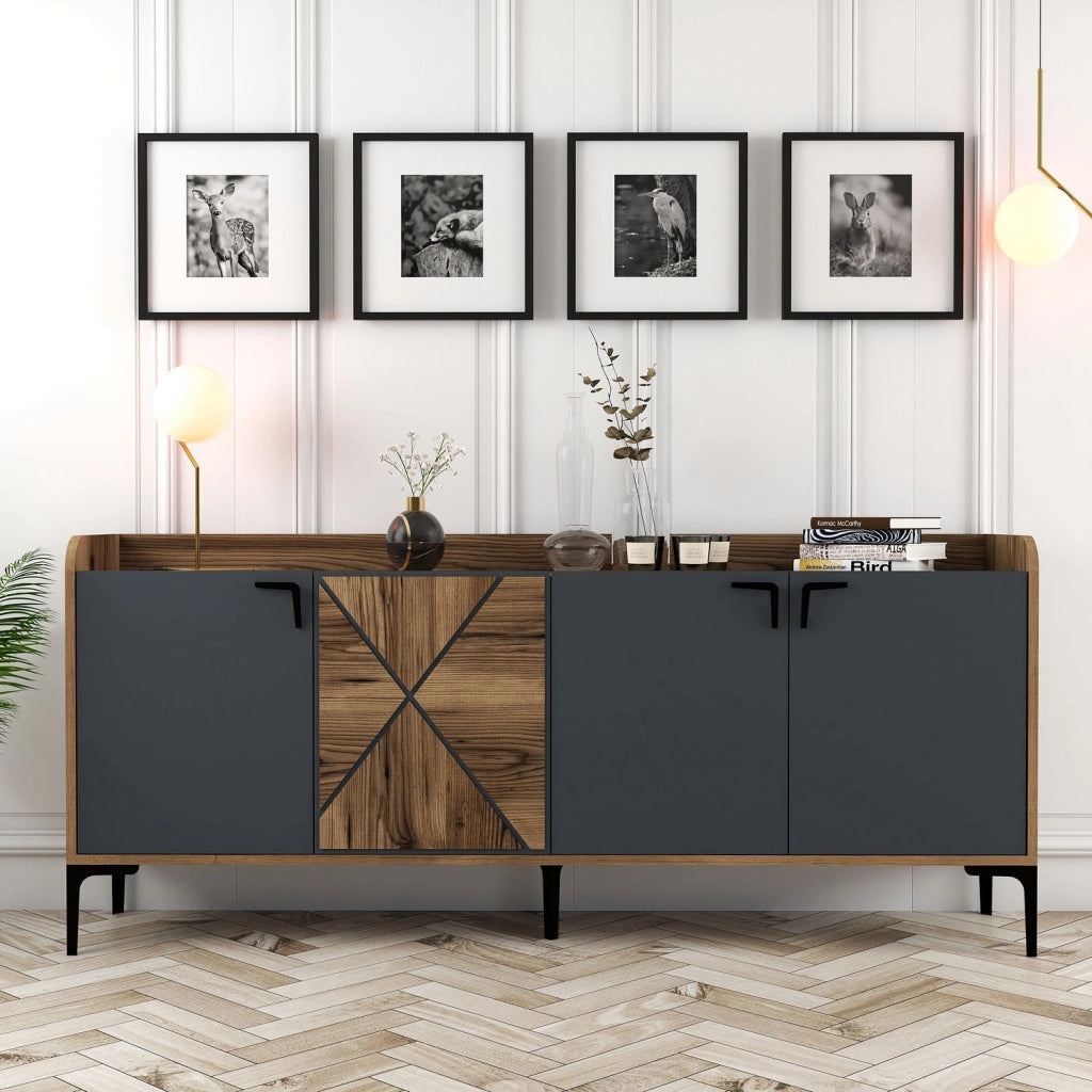 Credenza in legno "Venedik" - 180 x 35 x 78 cm - Grigio antracite