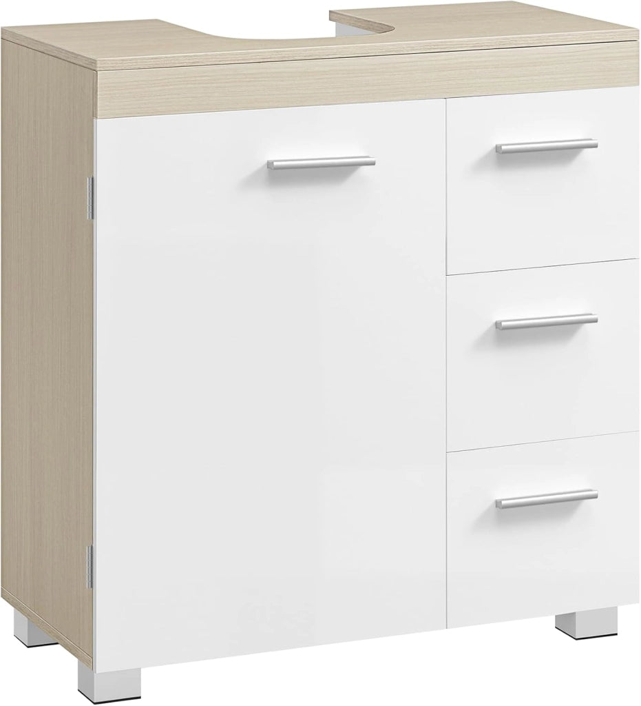 VASAGLE Mobile Sottolavabo per Bagno, Mobiletto da Bagno, 3 Cassetti Laterali, 2 Scomparti dietro l'Anta, per Lavabi con Colonna, con Piedini, 30 x 70 x 64 cm, Bianco Nuvola e Grigio Tortora BBK504W02