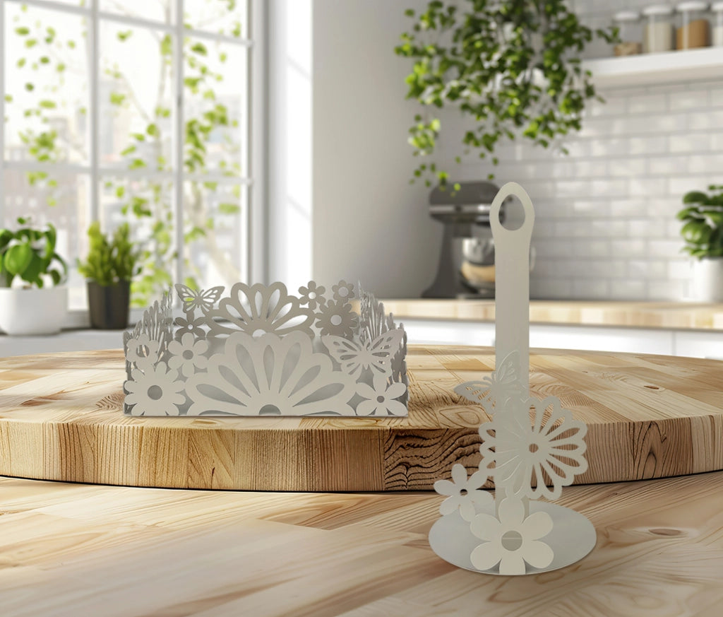 Set Accessori Cucina 2/4 Pezzi Porta Scottex Portatovaglioli Vassoio Grande Da Portata Portafrutta Centrotavola Metallo Design Moderno Decorazioni Tavola  - Fiori - 2 Pezzi