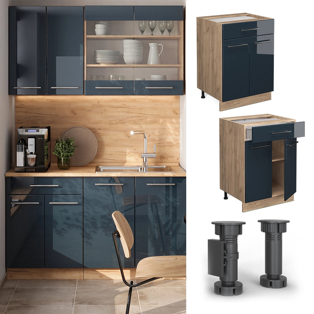Mobiletto base per cucina Fame-Line Blu scuro lucido/Rovere dorato 60 cm con cassetto, PL Antracite Vicco
