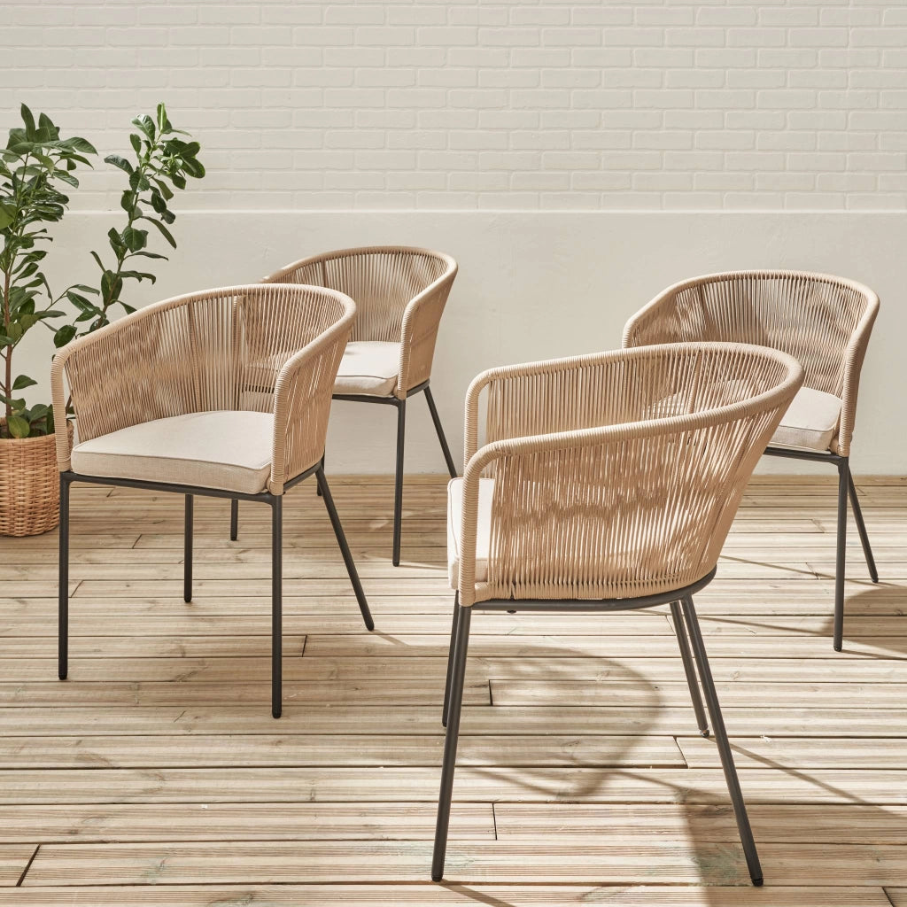 Set 4 sedie in corda e acciaio zincato, beige