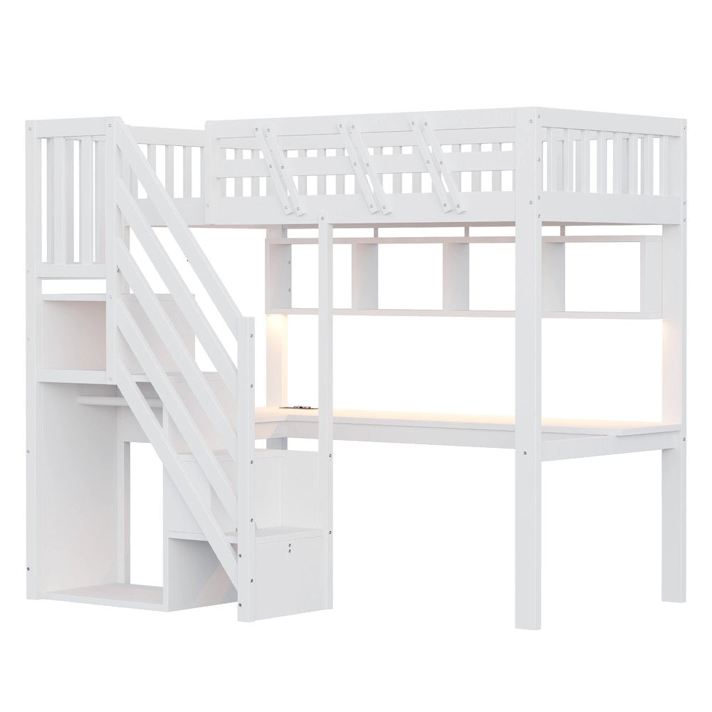 Letto a Soppalco in Legno Massello con Scrivania, LED e USB ¨C MINIMAL ¨C Singolo 90x200 Bianco