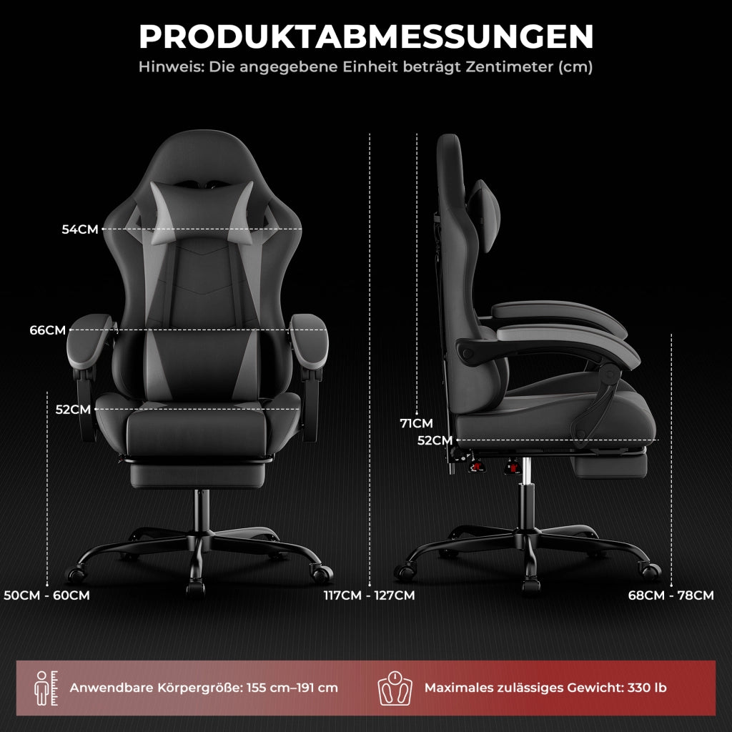 Chaise de bureau ergonomica con supporto lombare e poggiatesta, braccioli collegati, in PVC nero e grigio