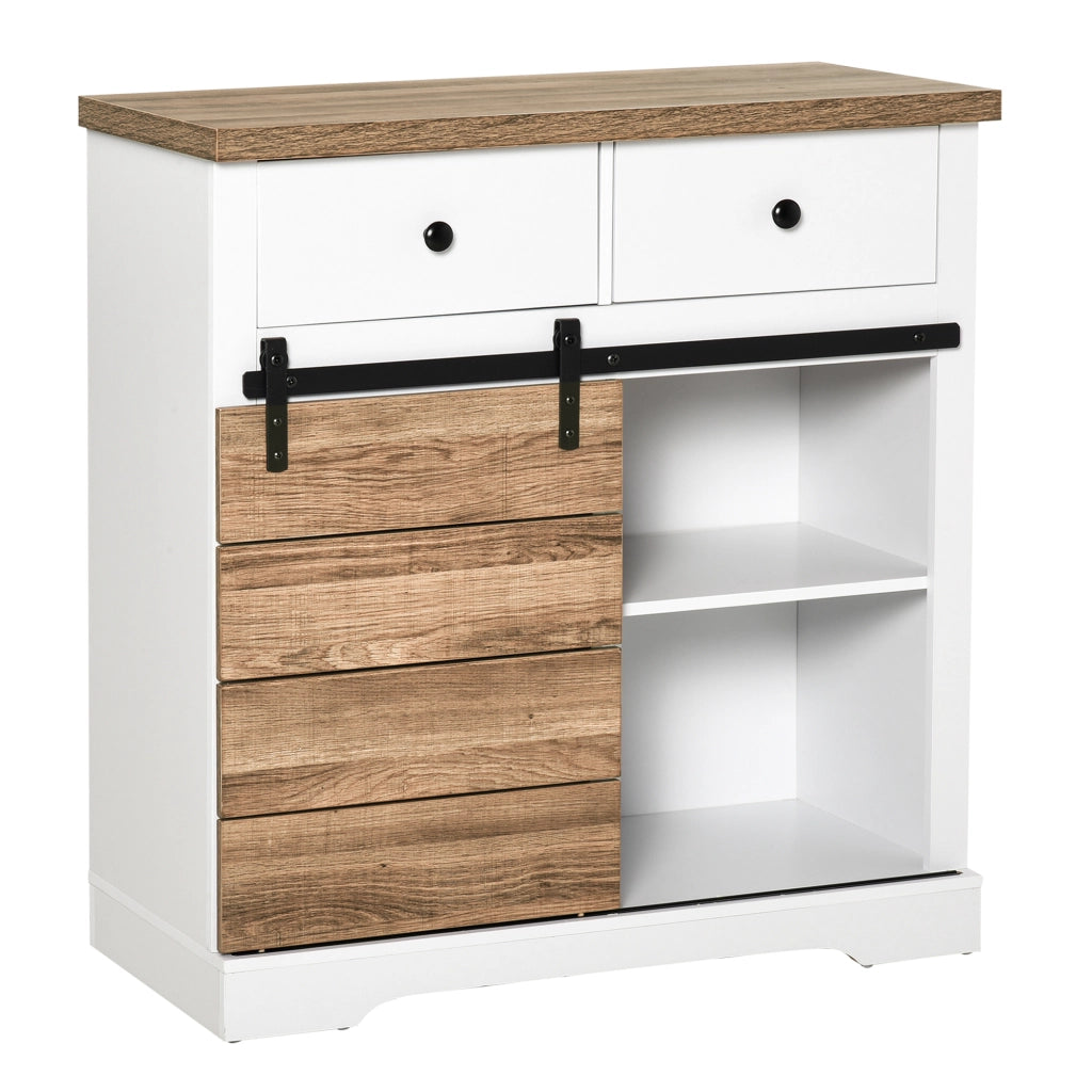 Mobile da Cucina Rustico con 2 Cassetti, Ripiani Aperti e Portabottiglie, in Legno e Metallo, 80x39x86 cm