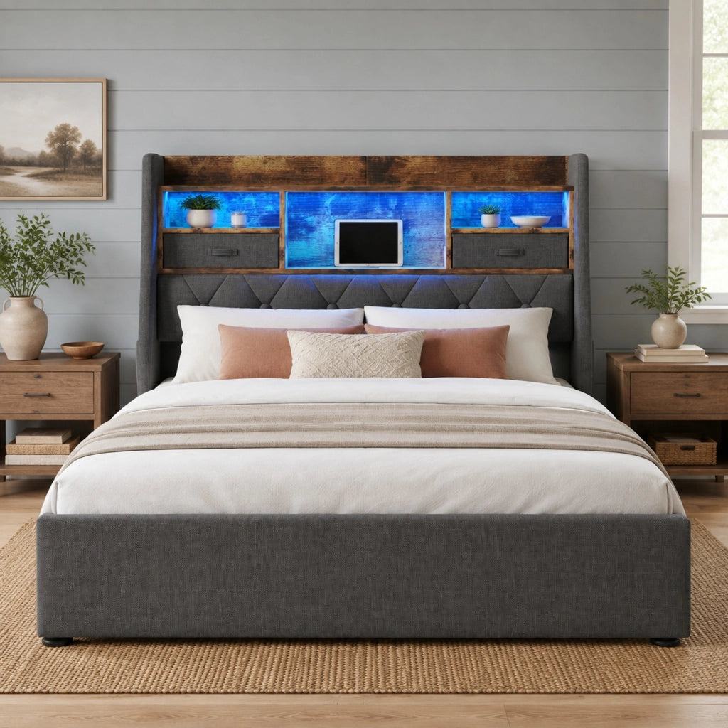 Letto contenitore 160x200 cm grigio con LED, ricarica USB/Type-C e rete a doghe