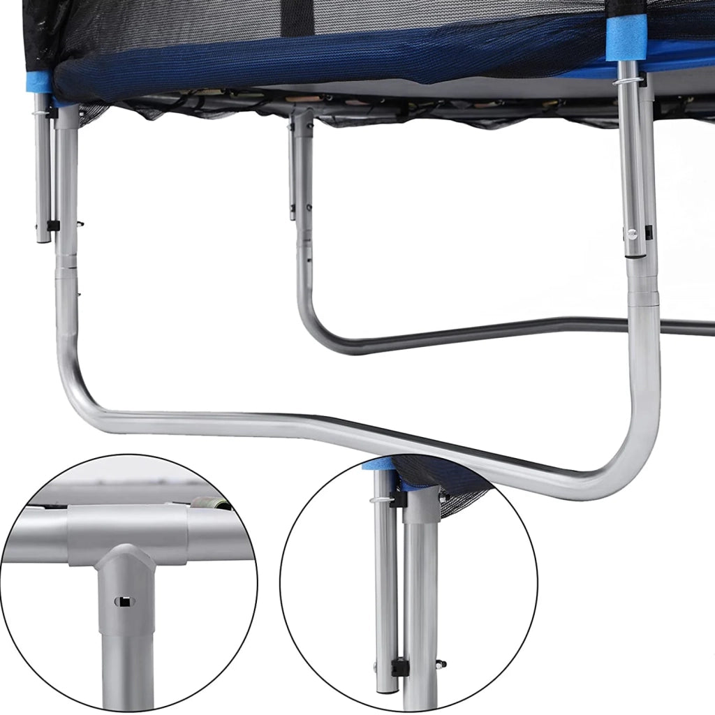 Trampolino da esterno diametro 427 cm attrezzatura da giardino con scaletta rete protettiva pali coperti neri e blu 12_0002077
