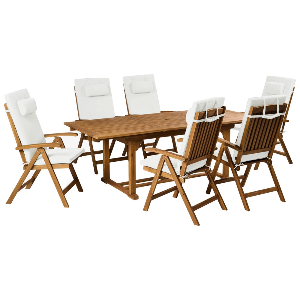 Set da pranzo da giardino in legno di acacia con cuscini bianco sporco 6 sedie pieghevoli regolabili stile country per esterni