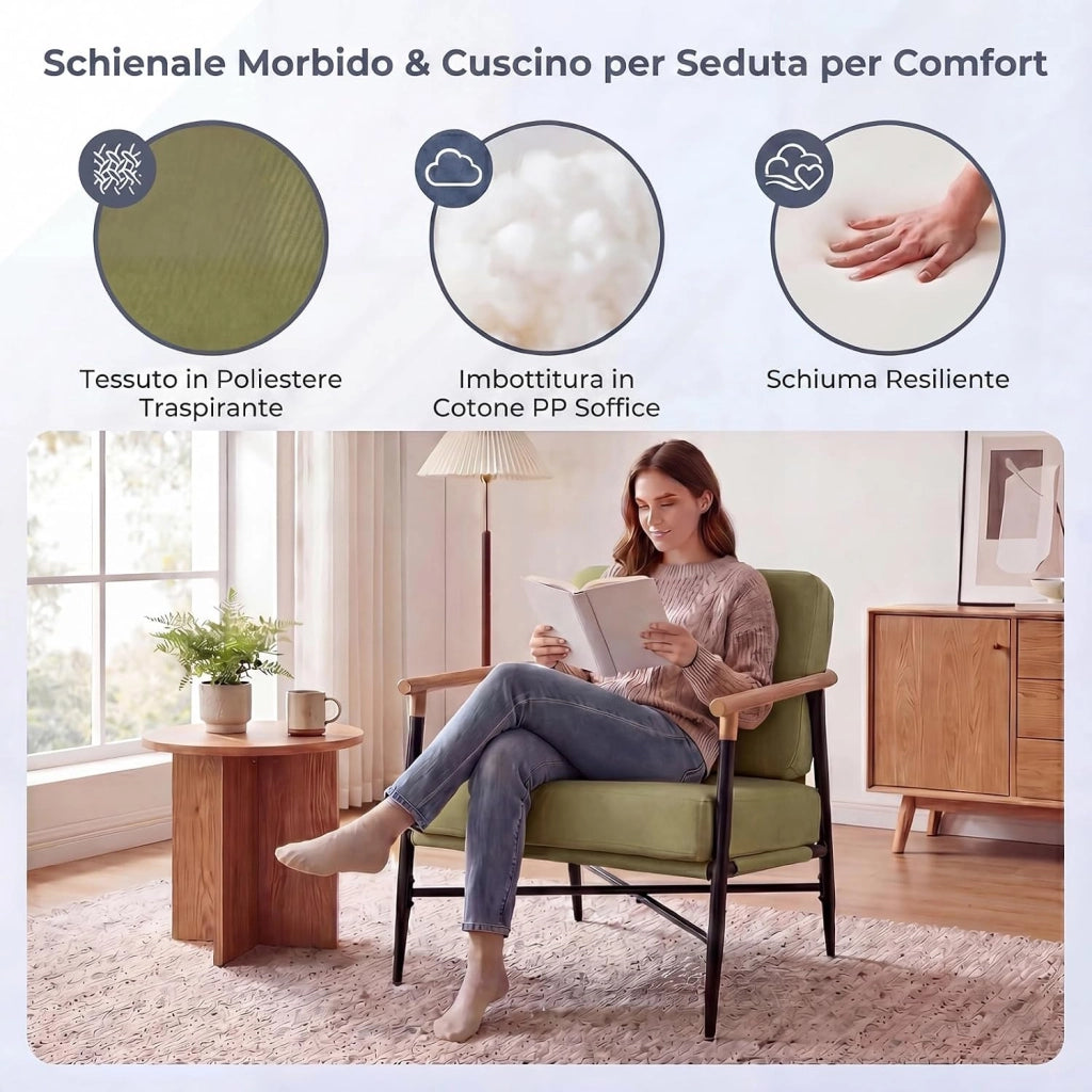 Poltrona Salotto Imbottita, Sedia da Lettura, Relax, Poltroncina con Braccioli, Schienale e Cuscini, per Soggiorno, Camera da Letto, Sala Attesa, Moderno e Comodo, 67 X 73 X 88 CM (Verde)