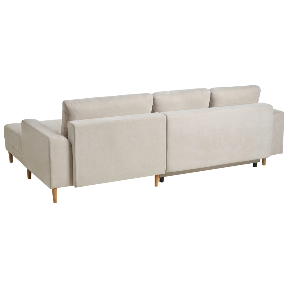 Divano letto angolare a 3 posti con braccioli contenitori rivestito in ciniglia beige chiaro lato sinistro stile moderno
