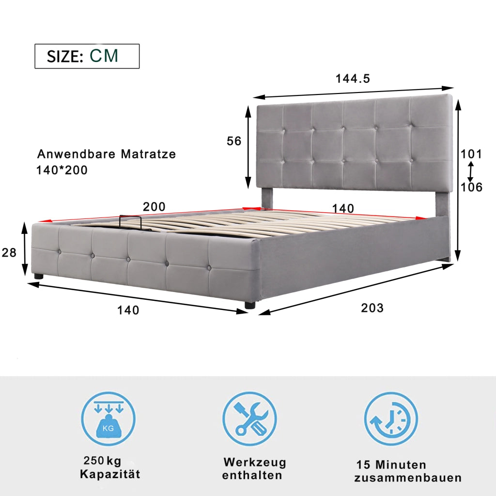 OKWISH Letto Contenitore 140×200 cm, Letto Matrimoniale con Vano Contenitore, Testiera Regolabile e Rete in Metallo, senza Materasso, Grigio