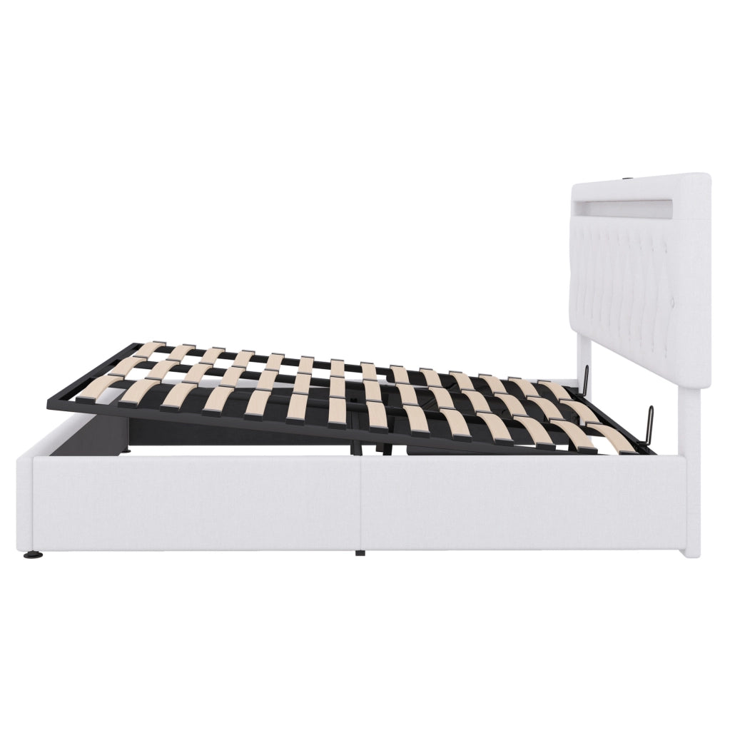 Letto imbottito 180x200 cm con contenitore; sollevamento idraulico; LED e USB; bianco