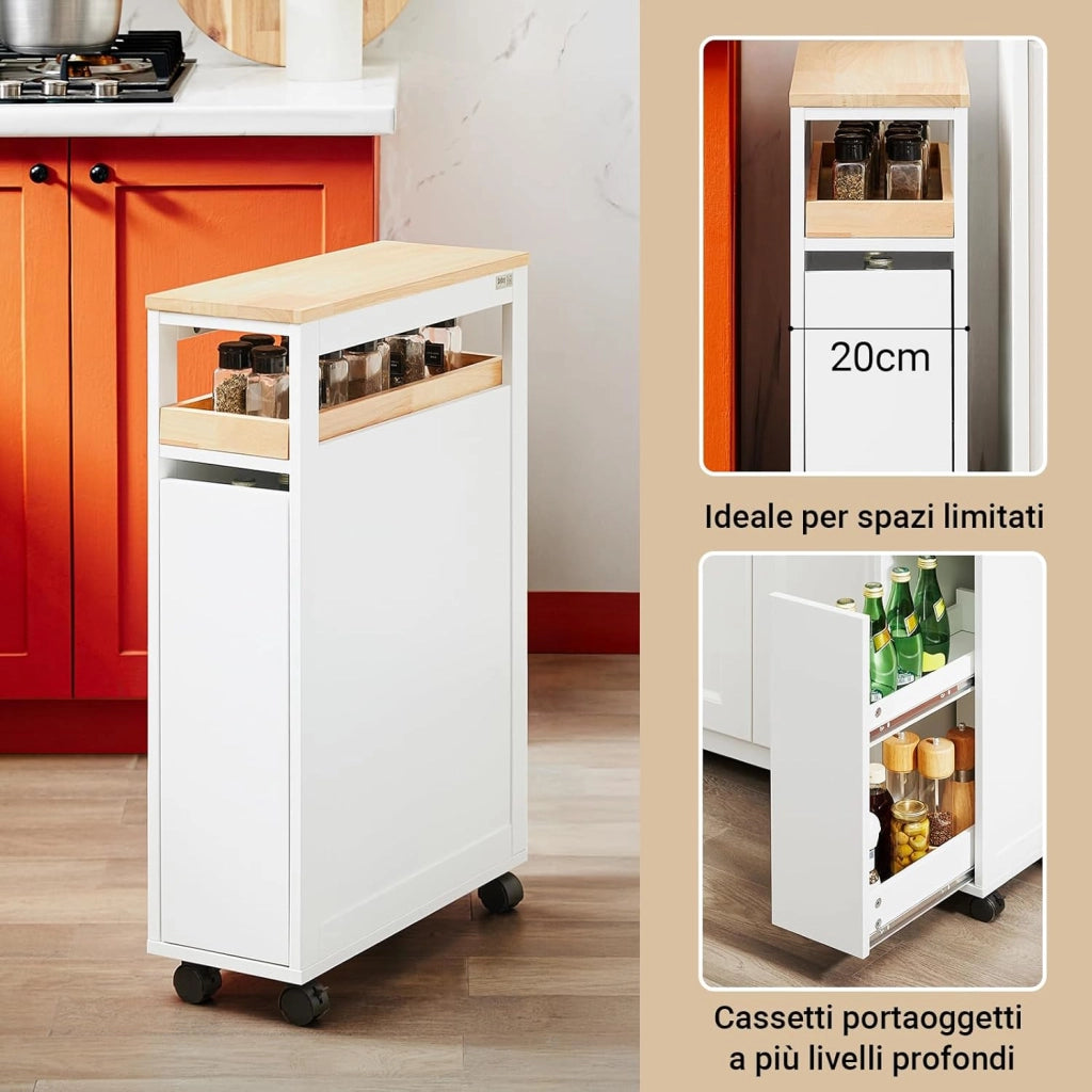 Carrello Cucina Salvaspazio Stretto – Mobiletto da Nicchia 20 cm con Ruote, Carrellino Cucina Multifunzione e Mobiletto Salvaspazio Cucina per Cucina e Bagno Bianco & Naturale 20x51x79cmNSR11-WN