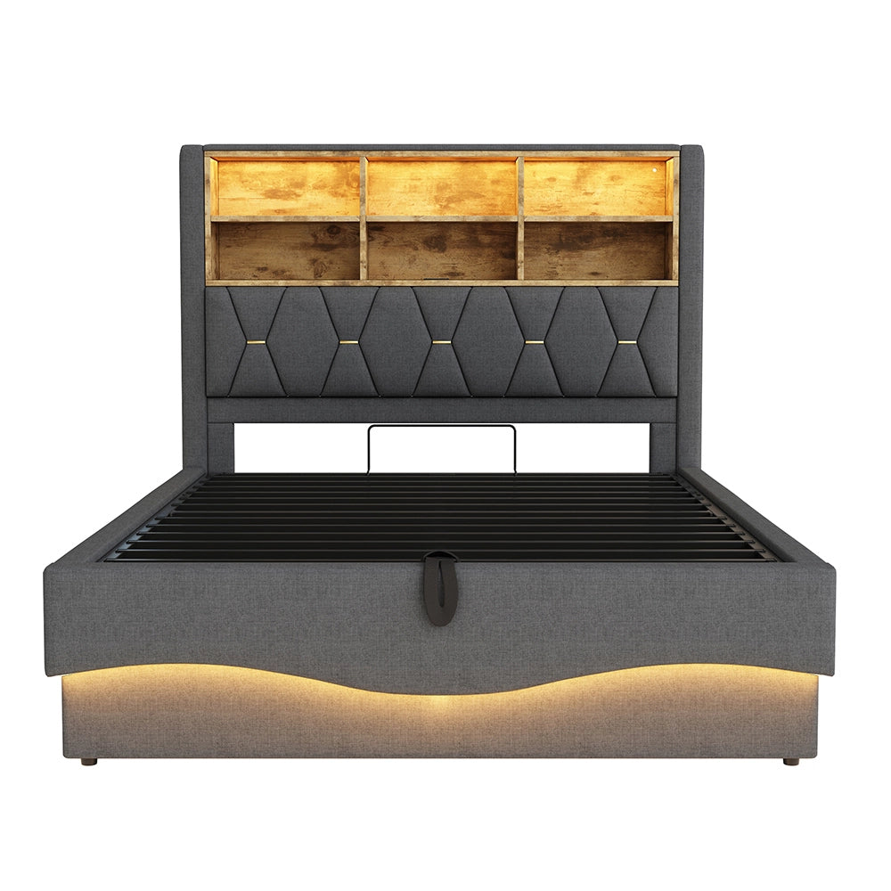Letto-Xylo-140x200 cm-LED app, USB, metallo, lino grigio