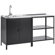 Set di 2 elementi per la cucina all'aperto in acciaio inox nero con vano portaoggetti e  armadietto con lavello cucina da esterno