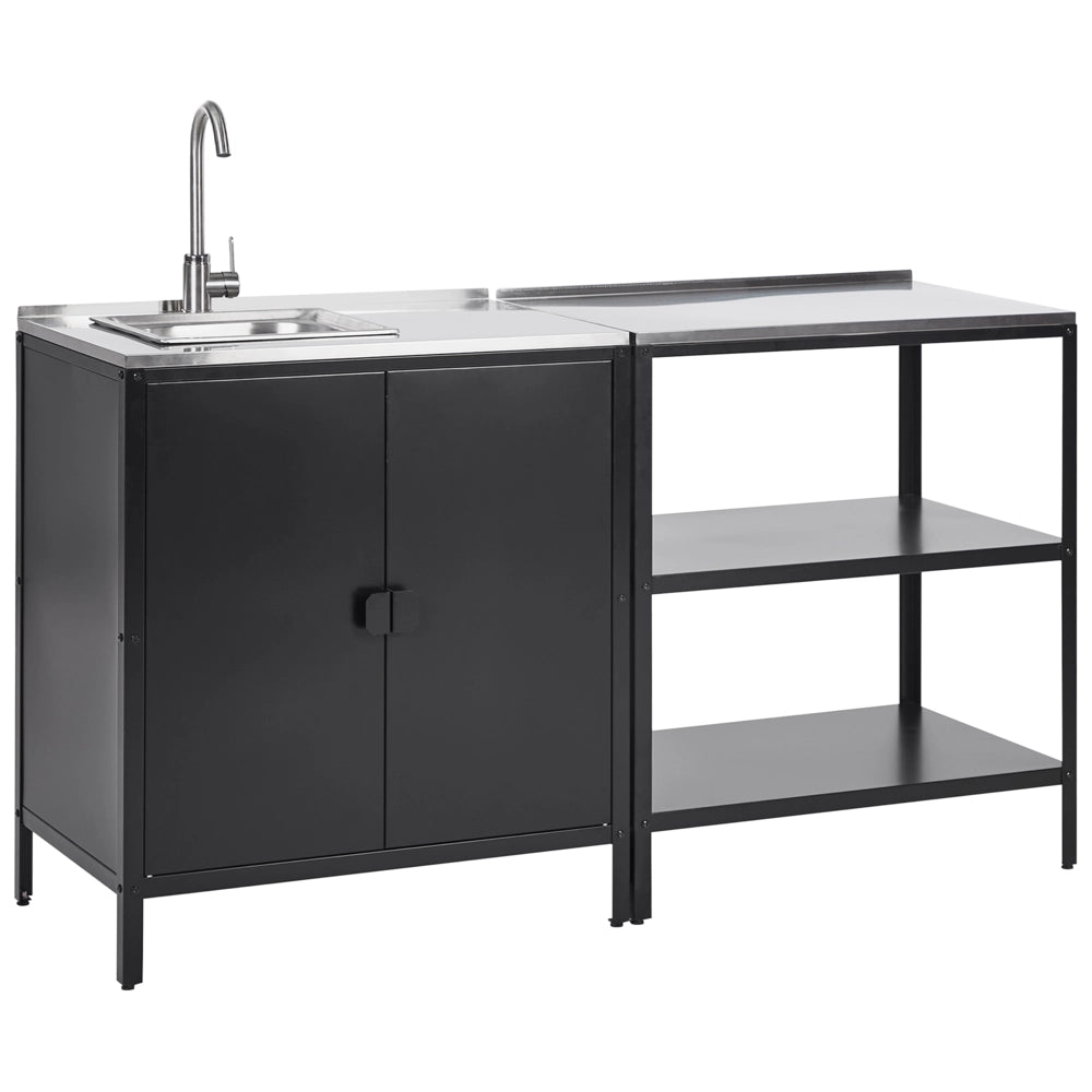 Set di 2 elementi per la cucina all'aperto in acciaio inox nero con vano portaoggetti e  armadietto con lavello cucina da esterno