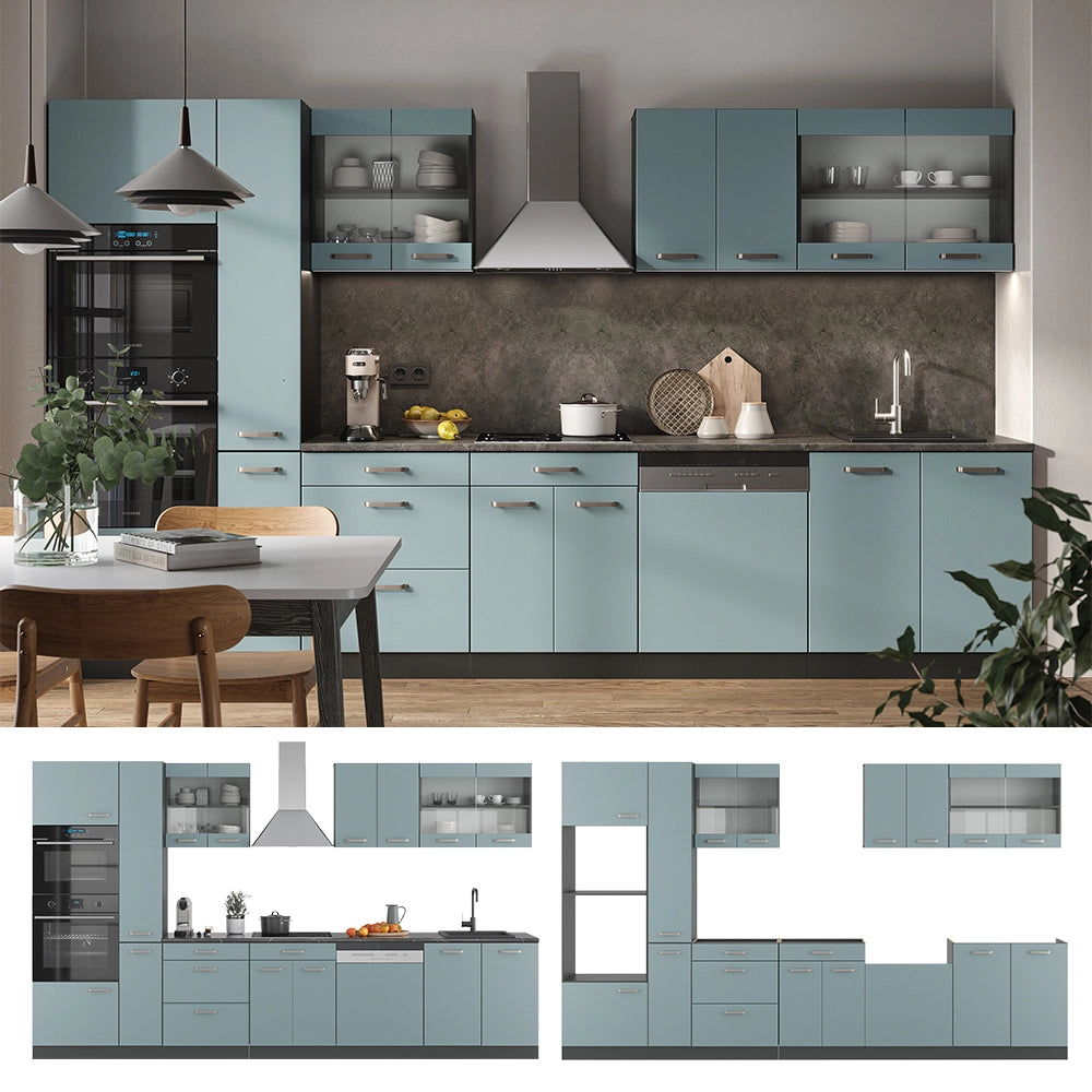 Vicco Cucina componibile Blu-grigio/antracite 350 cm con armadio alto, PL Marmo