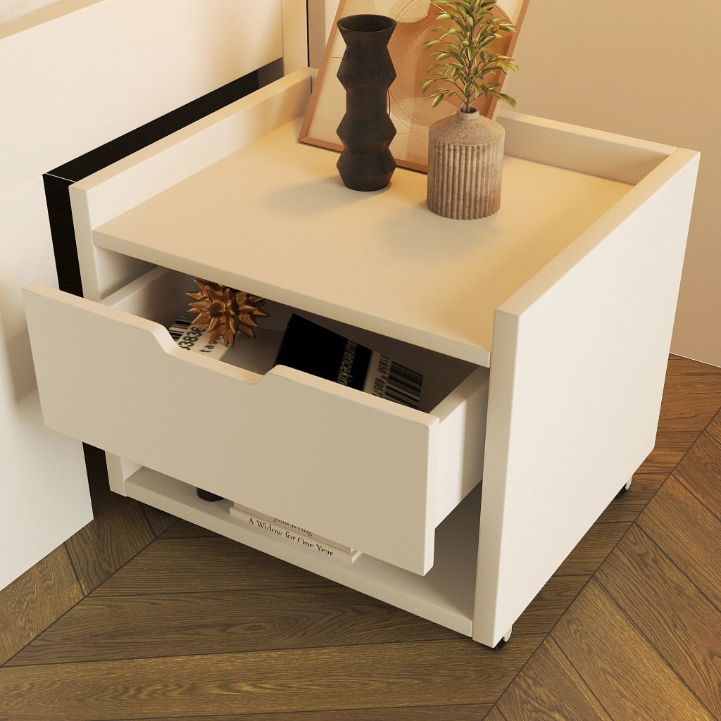 DESMIU Letto Matrimoniale 140 × 200 cm con 2 comodini mobili, LED, USB e Type C, senza materasso, in legno, bianco