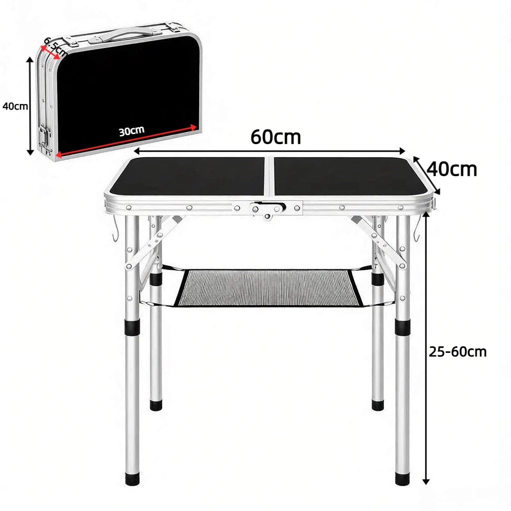 Tavolo da campeggio pieghevole 60x40 cm in MDF e alluminio nero， altezza regolabile
