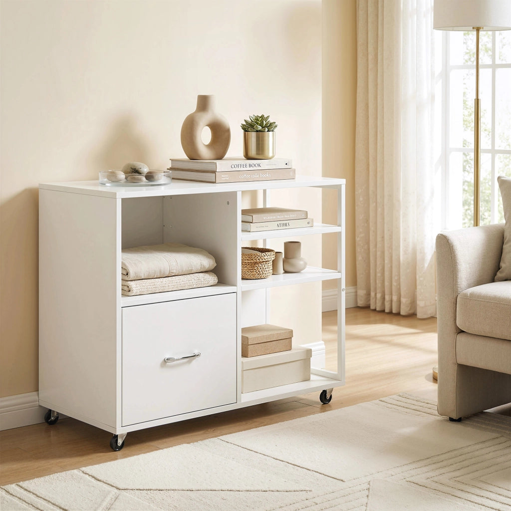 Mobile Porta Stampante 80x40x65,5 cm con Ruote e Cassetto A4 in Legno e Metallo Bianco