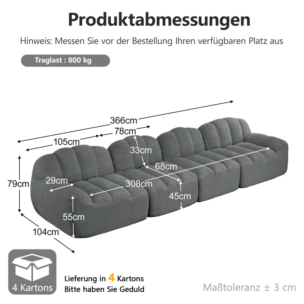 Divano angolare modulare a 4 posti in fleece granulare grigio con seduta ampia e braccioli ergonomici