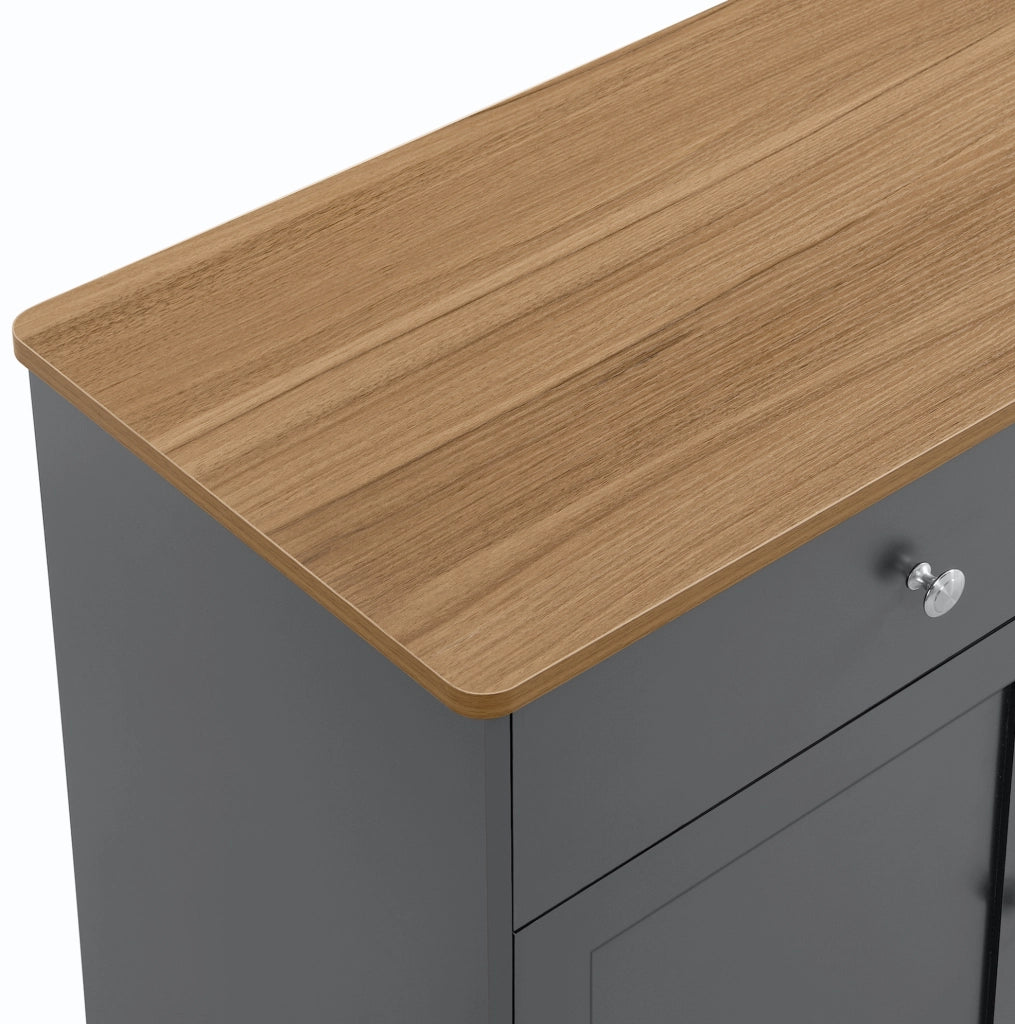Sideboard in stile rustico grigio scuro e noce con 4 ante e 3 cassetti, 160 x 75 x 37 cm