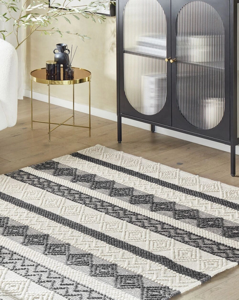 Tappeto in lana beige chiaro e grigio poliestere 200 x 200 cm intrecciato a mano motivo geometrico boho soggiorno camera da letto