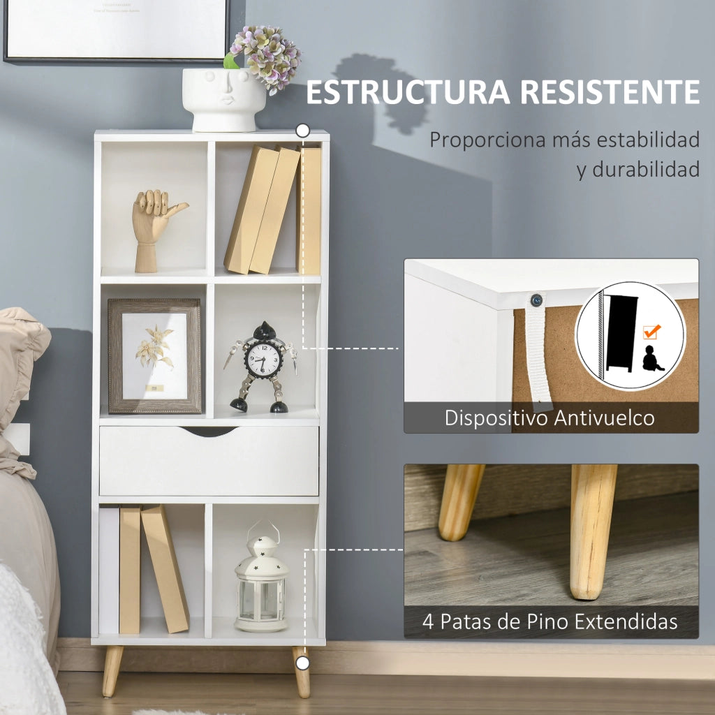 Libreria con cassetto e gambe in legno 6 scomparti aperti ¨C zephmum ¨C 50x29.5x120 cm bianco