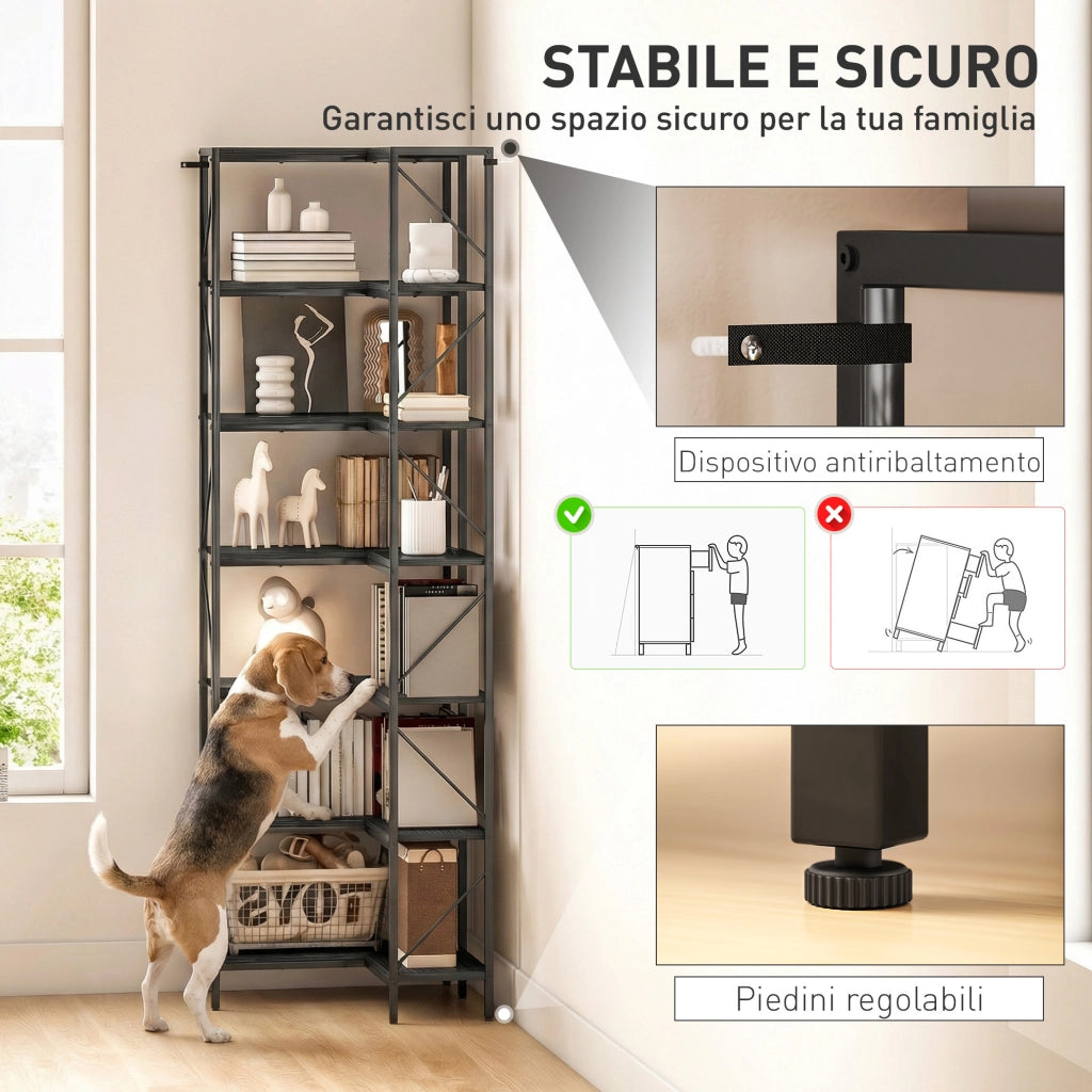 Libreria Angolare Scaffale Industriale 7 Ripiani ¨C zephmum ¨C Effetto Legno Nero