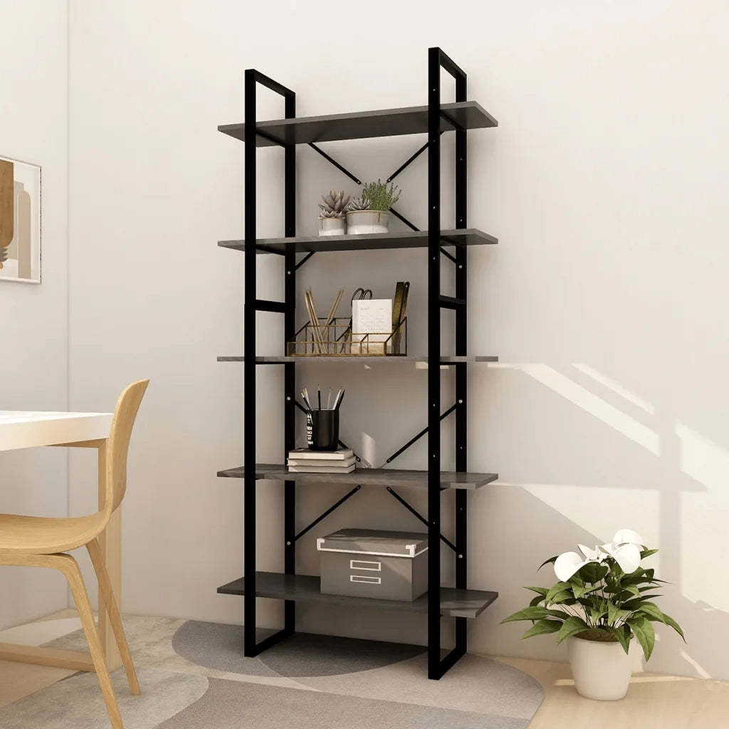 Libreria a 5 Ripiani-Scaffale per Libri-Mobile di Stoccaggio Grigia 80x30x175 cm in Legno di Pino