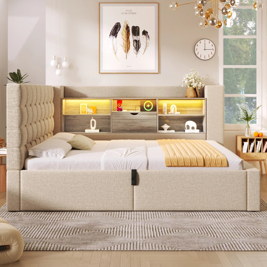 OKWISH Letto Contenitore 140×190 cm, Letto Matrimoniale con LED, USB, Tipo C e Testiera a L, senza Materasso, in Lino, Beige