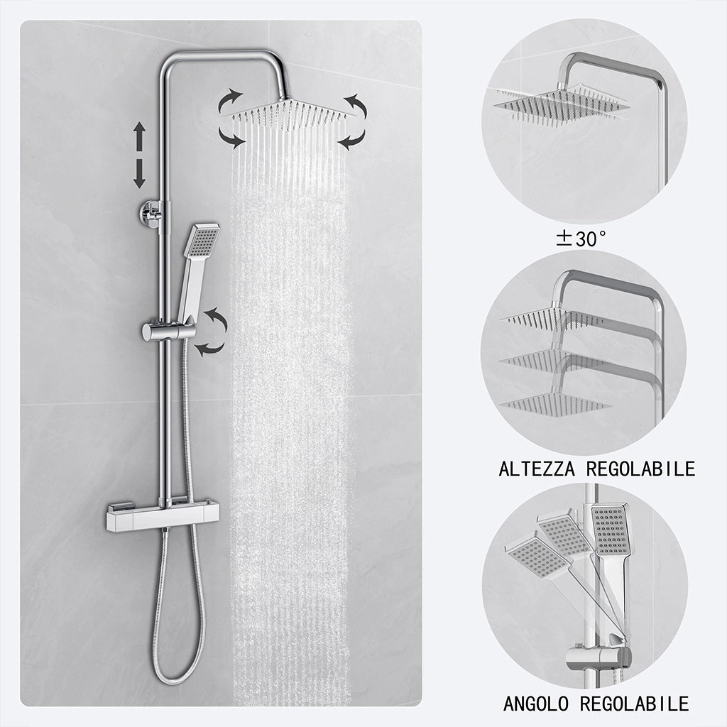 Kit doccia con miscelatore termostatico, soffione quadrato 20x20cm, doccetta quadrata 22x6.4cm, colonna doccia regolabile 72-120cm, cromo