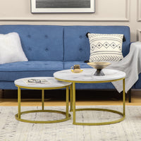 Set 2 Tavolini Impilabili con Piano Rotondo in Acciaio e Truciolato Bianco e Oro