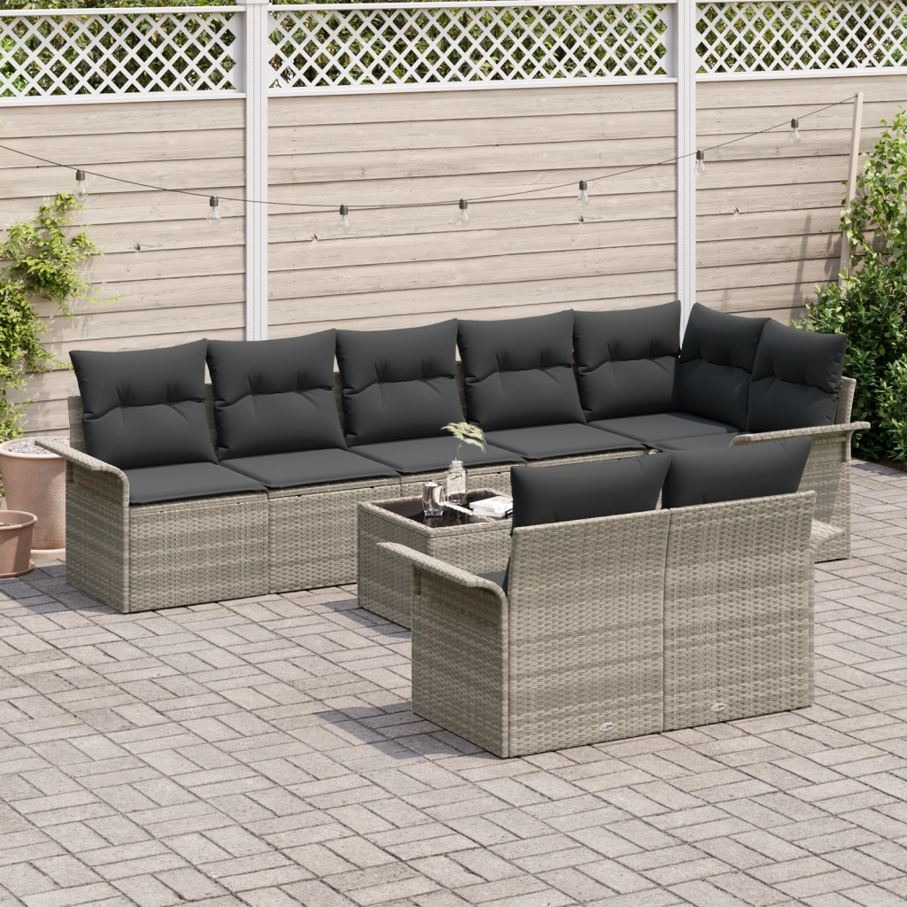 Set di divani da giardino 9 pezzi con cuscini Grigio Polyrattan