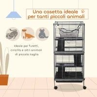 Gabbia per Piccoli Roditori in Acciaio, Gabbietta per Porcellini d'India e Cincillà con 3 Piani, 4 Ruote, Amaca e Vassoio Rimovibile, 52 x 52 x 113.5cm, Grigio Argento