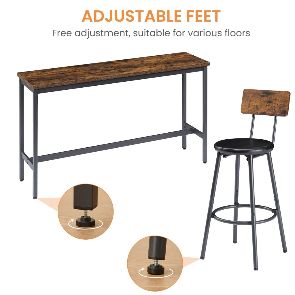 Set tavolo da bar ULEVR 160x40 cm con 3 sgabelli imbottiti con schienale, marrone rustico e nero
