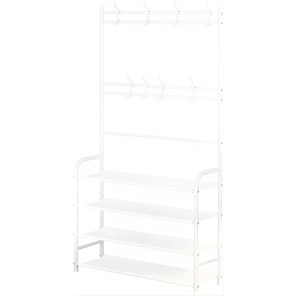 Stand Appendiabiti Metallo 153cm: Ganci, Scarpiera 4 Ripiani. Salvaspazio per Ingresso e Camera