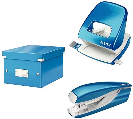 Set di archiviazione con cassetta e chiusura, piccola, con perforatrice e foratrice per 30 fogli, cassetta per documenti fino A5 in ufficio e a casa, serie WOW, blu, 60430036 + 50081036 + 55021036