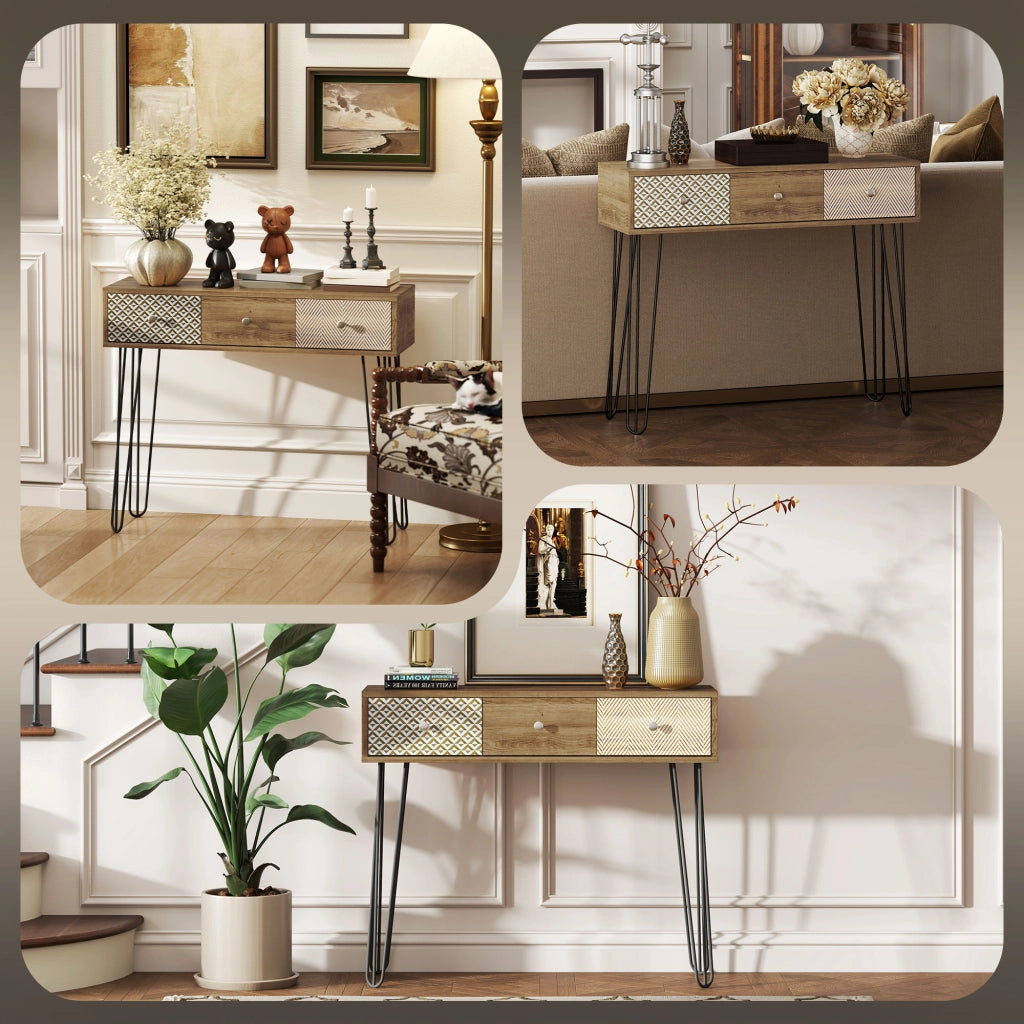 Tavolino da salotto con 3 cassetti ¨C Minimal ¨C patte in acciaio effetto legno