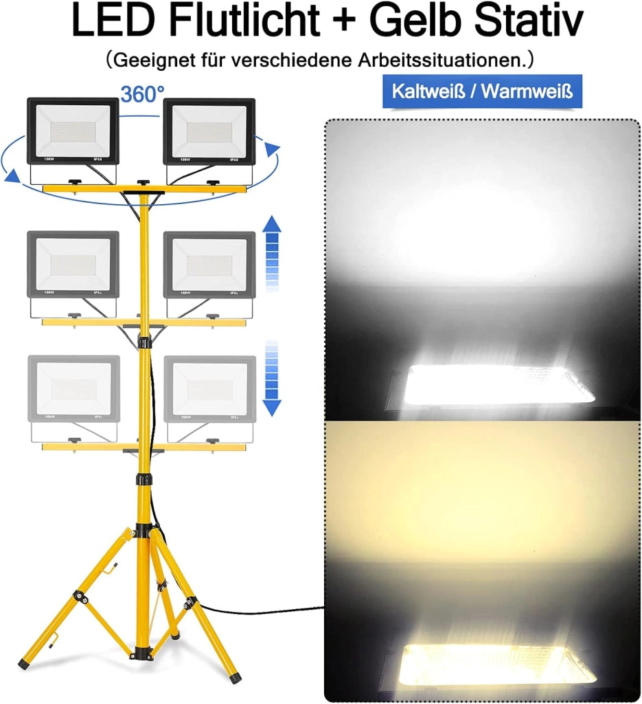 Faretto da costruzione, 2 x 200 W, 16000 lm, LED da lavoro, con treppiede e cavo da 3 m, impermeabile, IP66, per garage, officina, cantiere, bianco freddo