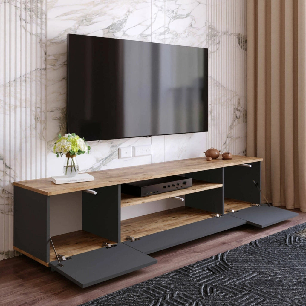 Mobile porta TV Asellina, Credenza da soggiorno, Armadio basso per TV, Base parete attrezzata, 180x45h45 cm, Quercia e Antracite