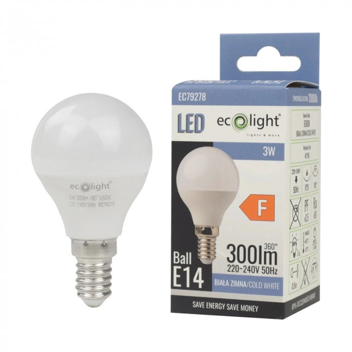 Lampadina LED E14 sferica 3W 270lm 6500K Ecolight