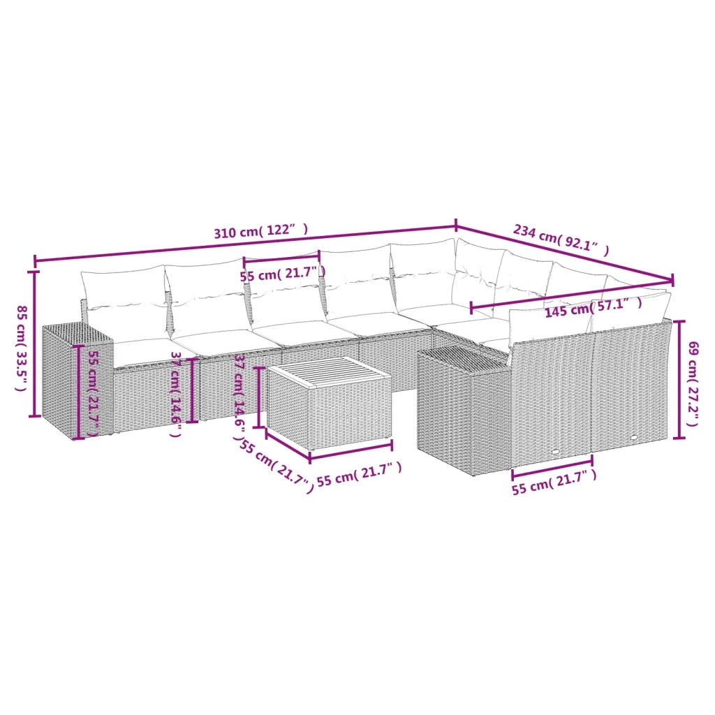 Set Divani da Giardino 10pz con Cuscini in Polyrattan Nero