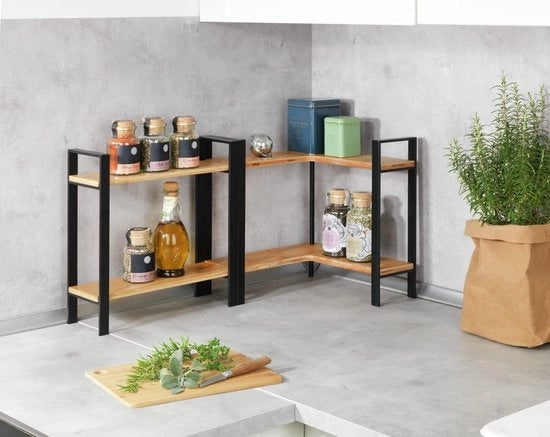 Rack da Cucina Elegante - Raccoglitore Metallico con Pannelli di Bambù per Magazzino Supplementare