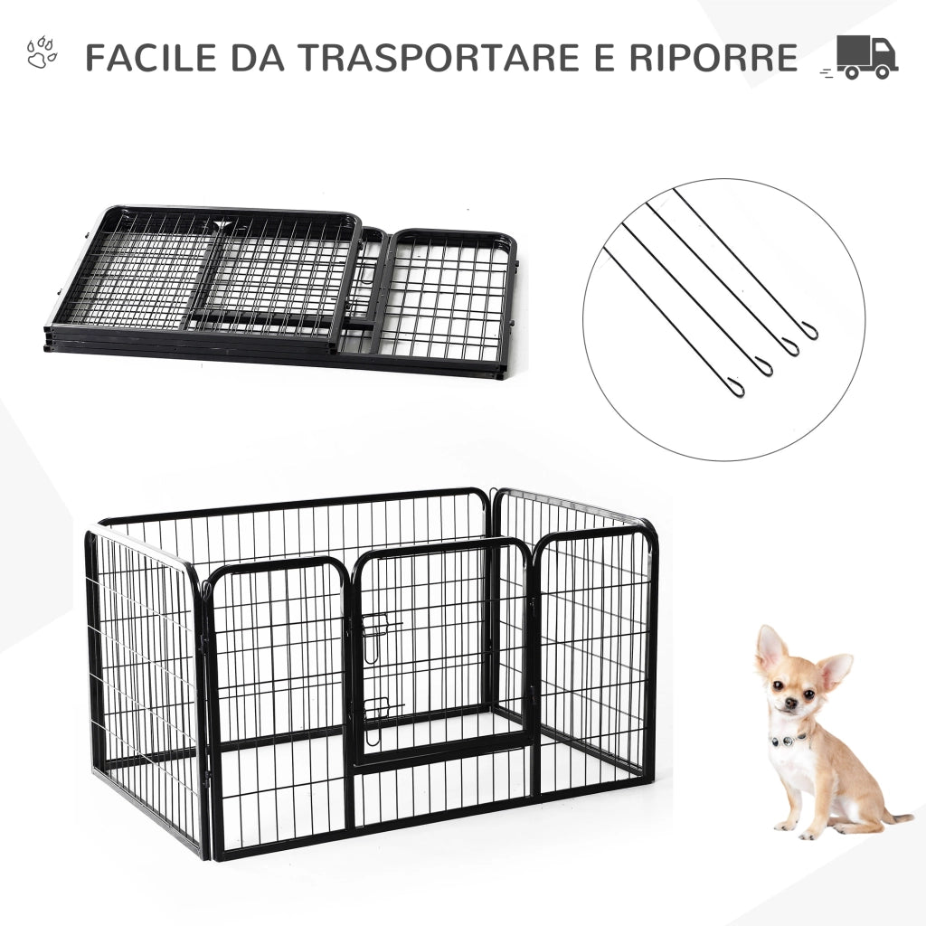 EasyComfort Recinto per Cani di Piccoli Taglia da Interno ed Esterno, Recinzione per Animali Domestici con Rete 6 pz in Acciaio e Metallo, 125x80x70 cm, Nero