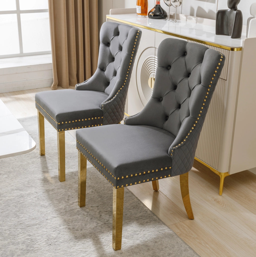 Sedia da pranzo imbottita in velluto grigio con anello decorativo; gambe in acciaio inox dorato; 50;5 x 45 x 95 cm