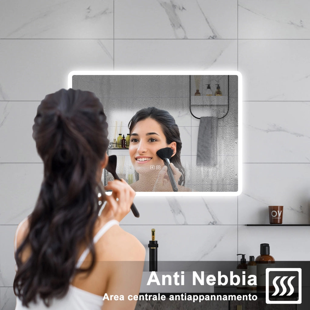 AICA Specchio da bagno  80 x 60 cm, dimmerabile, Blue tooth, Funzione Memoria, antiappannamento, 3 colori