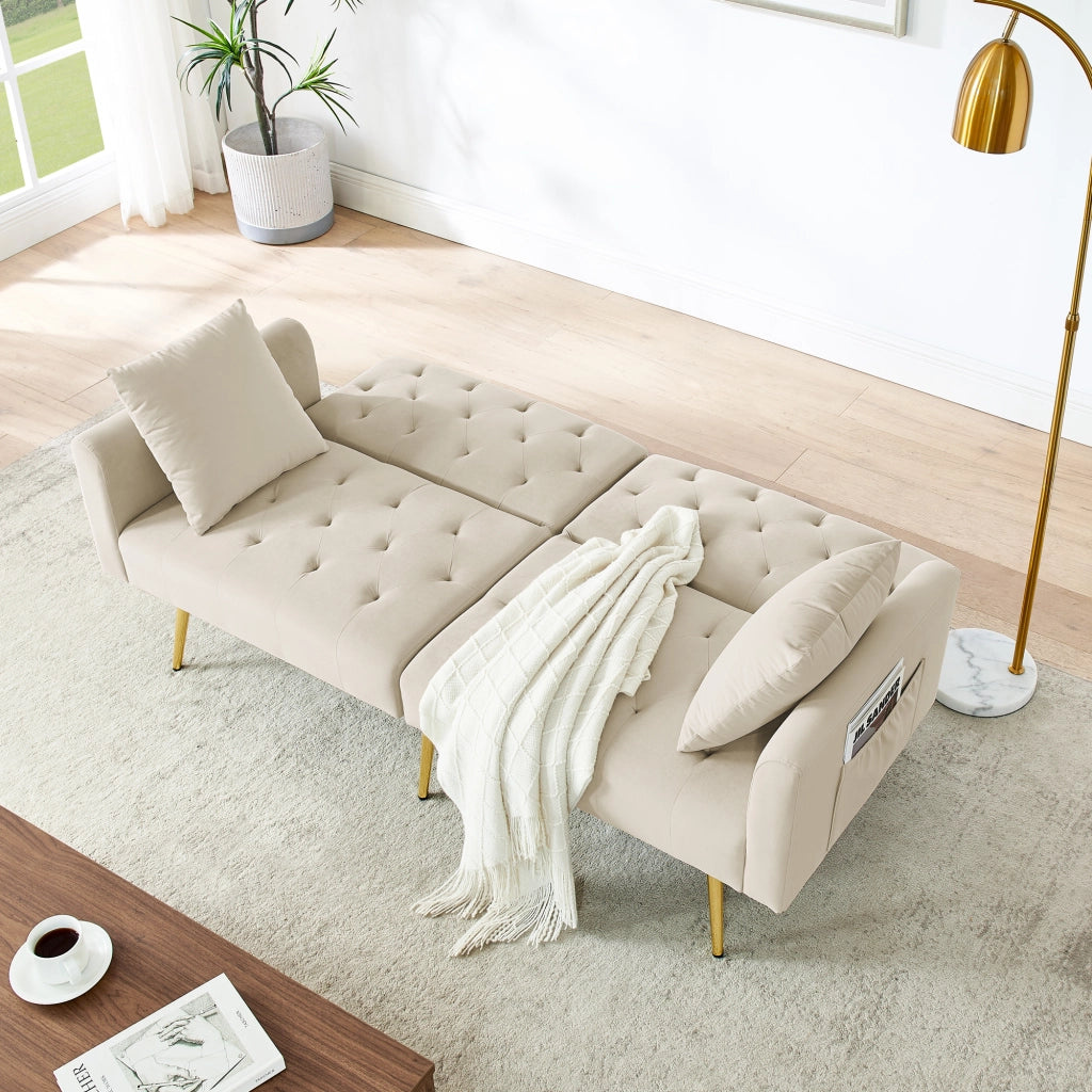 Divano letto 2 posti in velluto con schienale regolabile e 2 cuscini per soggiorno beige