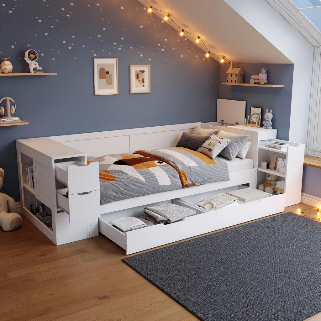 Letto Singolo 90x190 cm; 1 Posto - con Cassetti e Vano Laterale - in MDF - Bianco